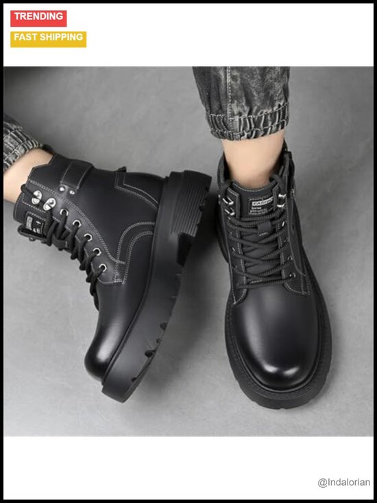 Men\'s Genuine Leather Lace Up Combat Boots Platform Chunky Heel Lug Sole Side